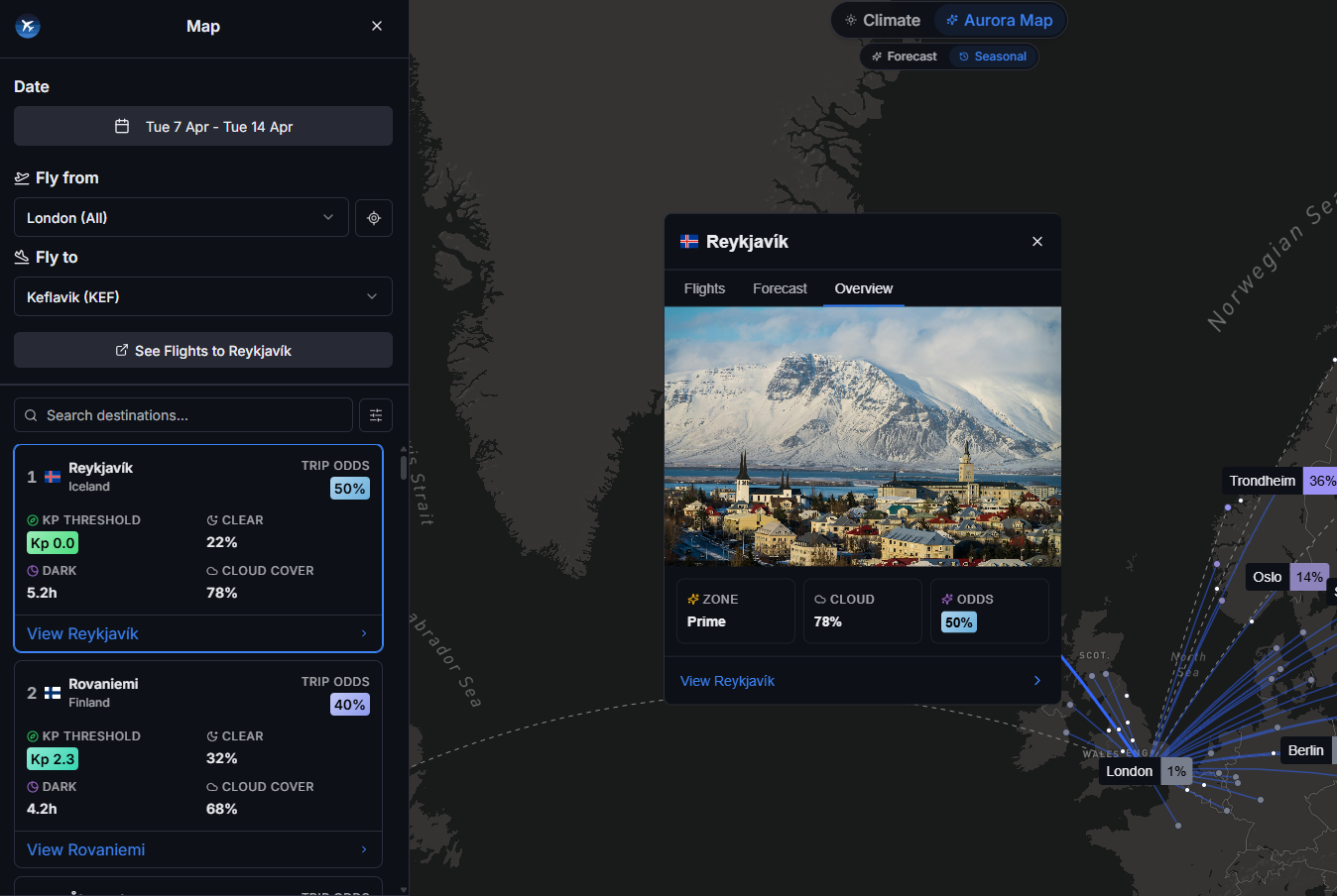 WeatherAway Aurora Explorer showing aurora probability and forecast data
